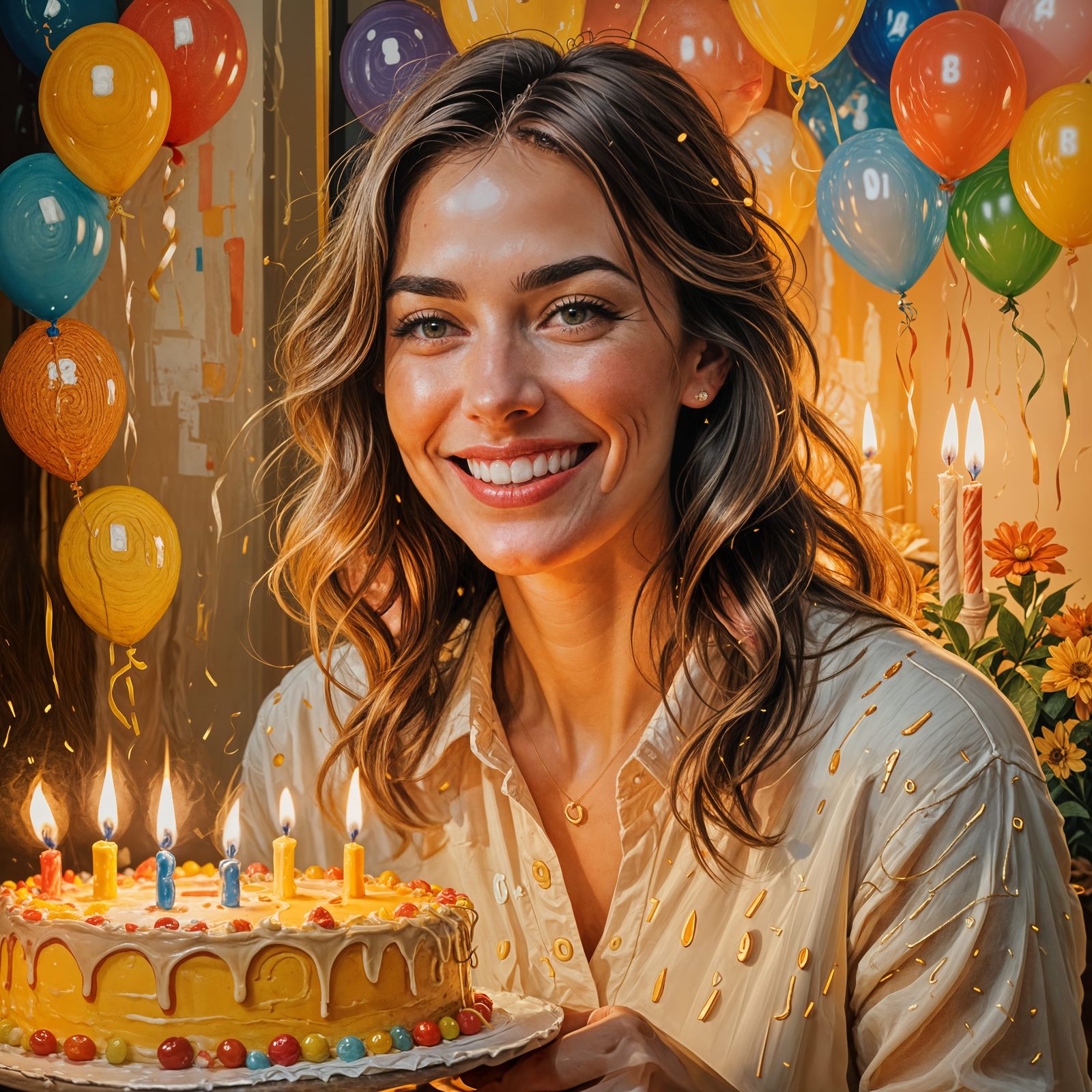 Birthday Woman in Front of Candleslit Cake