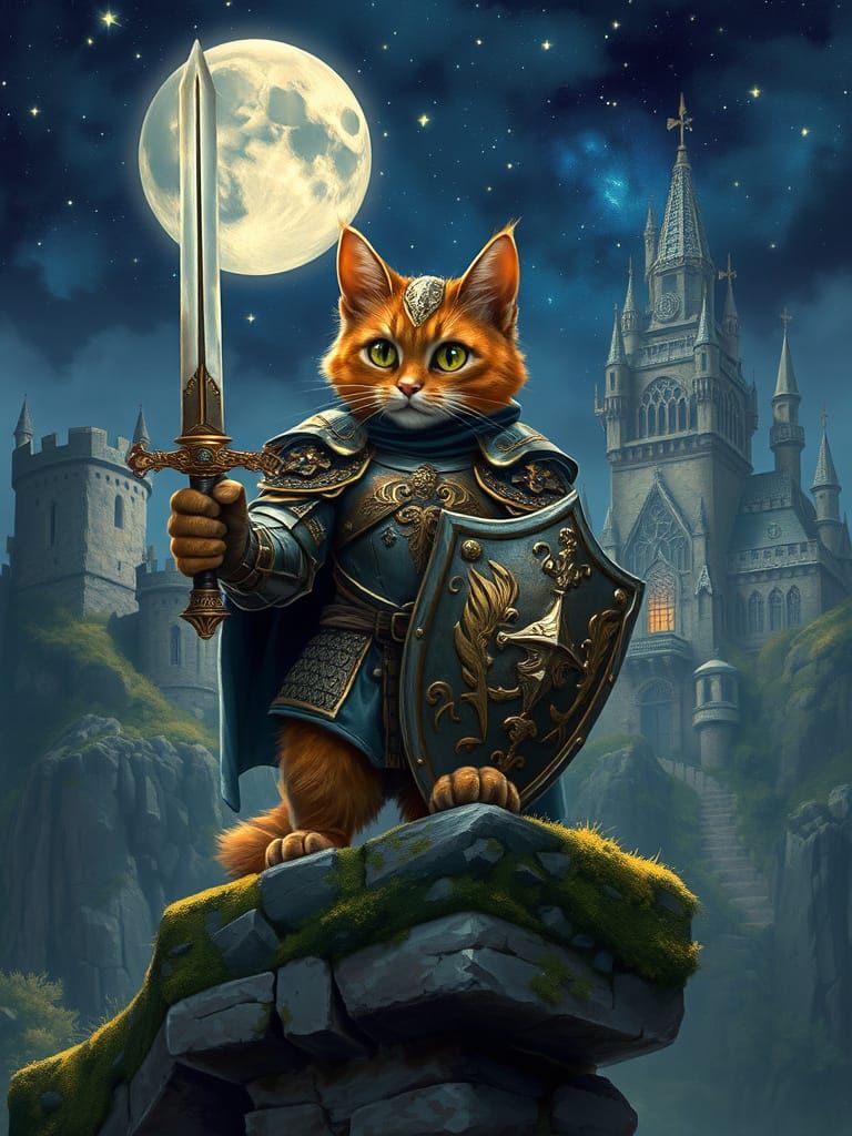 Regal Cat Knight Stands Guard