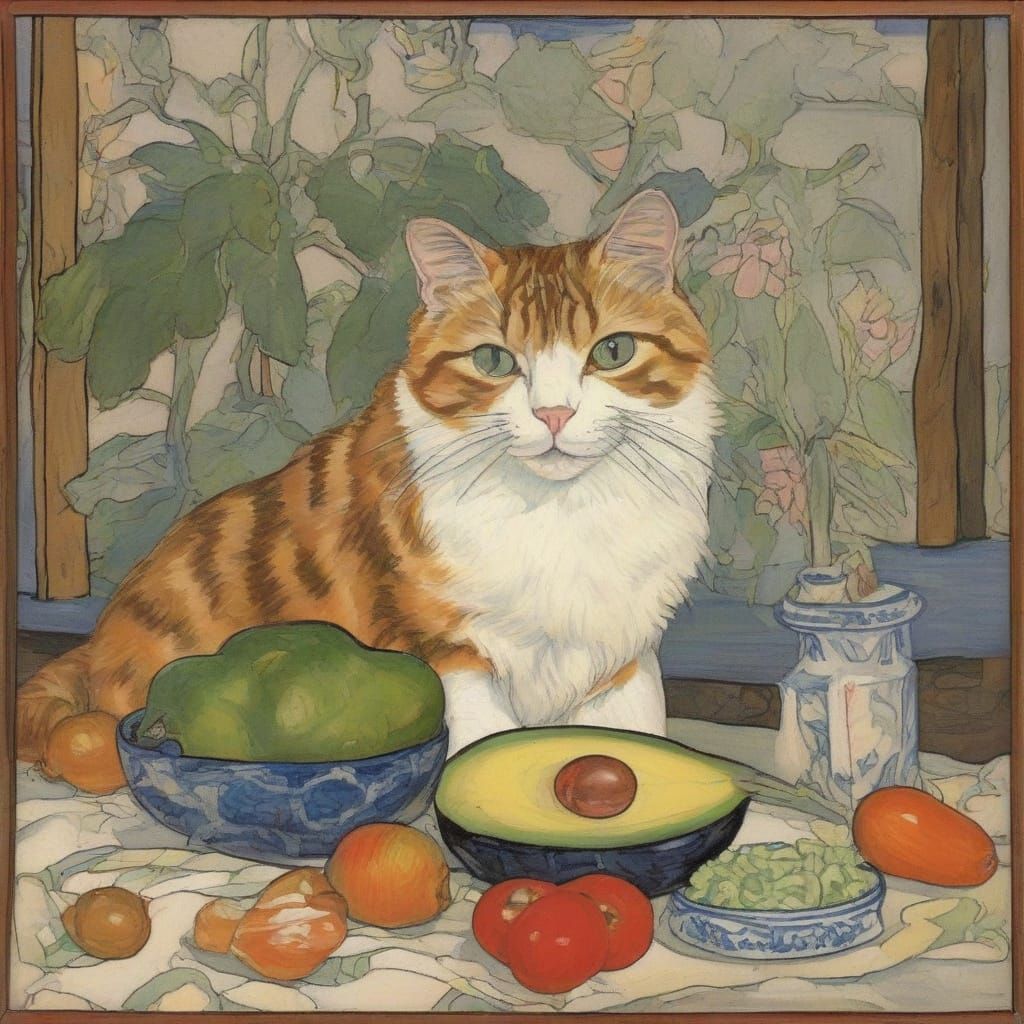 Cat Eating Avocado Salad in Bilibin and Kokoschka Style