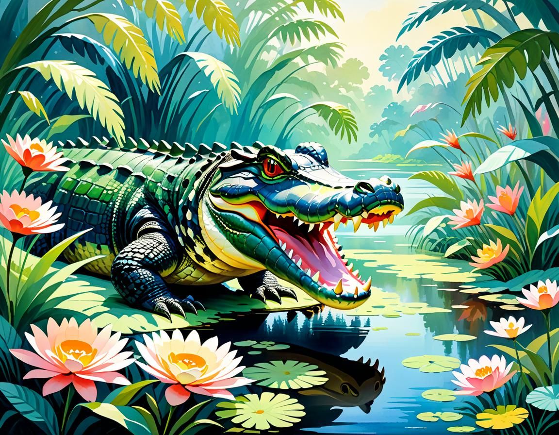 Alligator in Floral Fantasy: Gouache Impressionist Painting