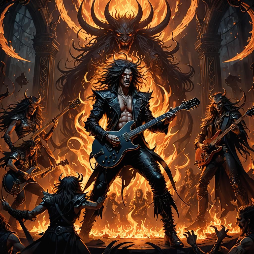Hellish Metal Band Performance in Dark Fantasy Art