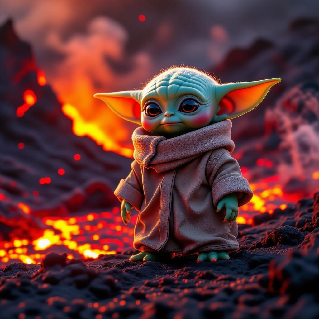 Grogu on Molten Lava Volcano Edge in Photorealistic Style