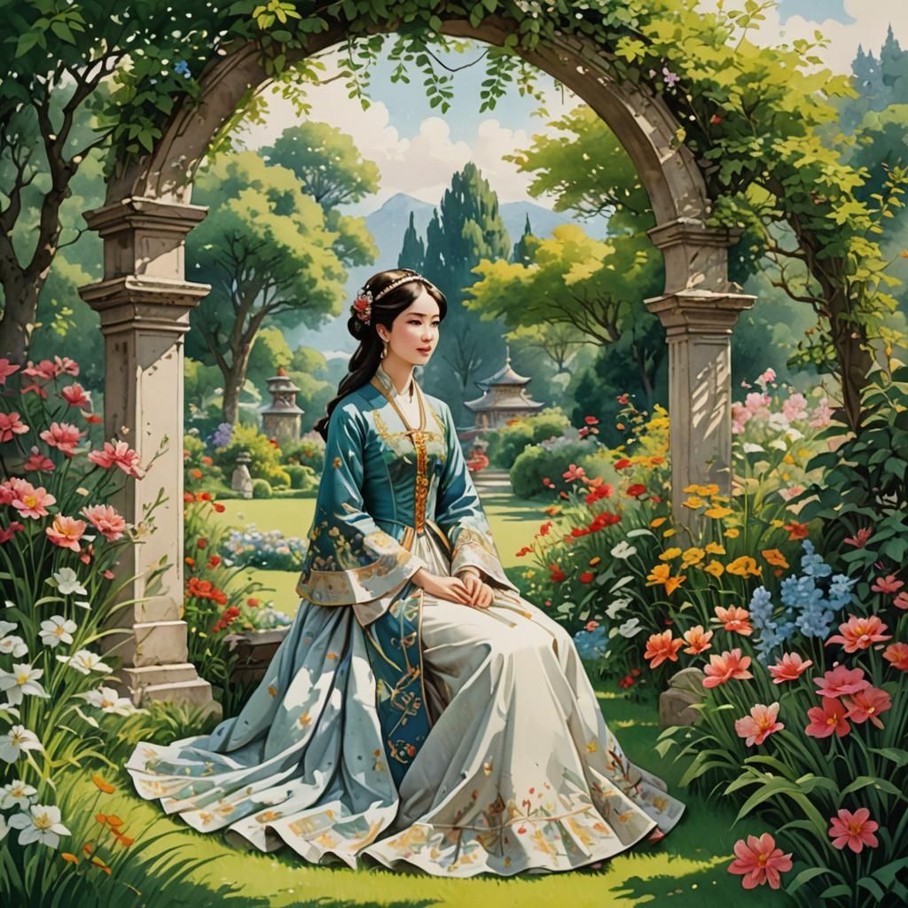 Princess in Garden: Colored Ink Sketch