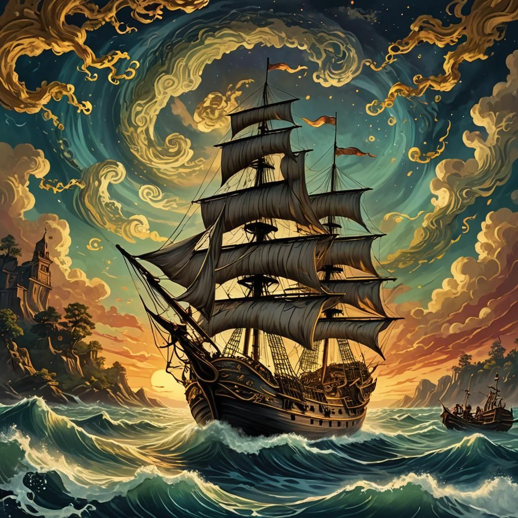 Baroque Galleon in Dreamlike Sea, Post-Impressionism