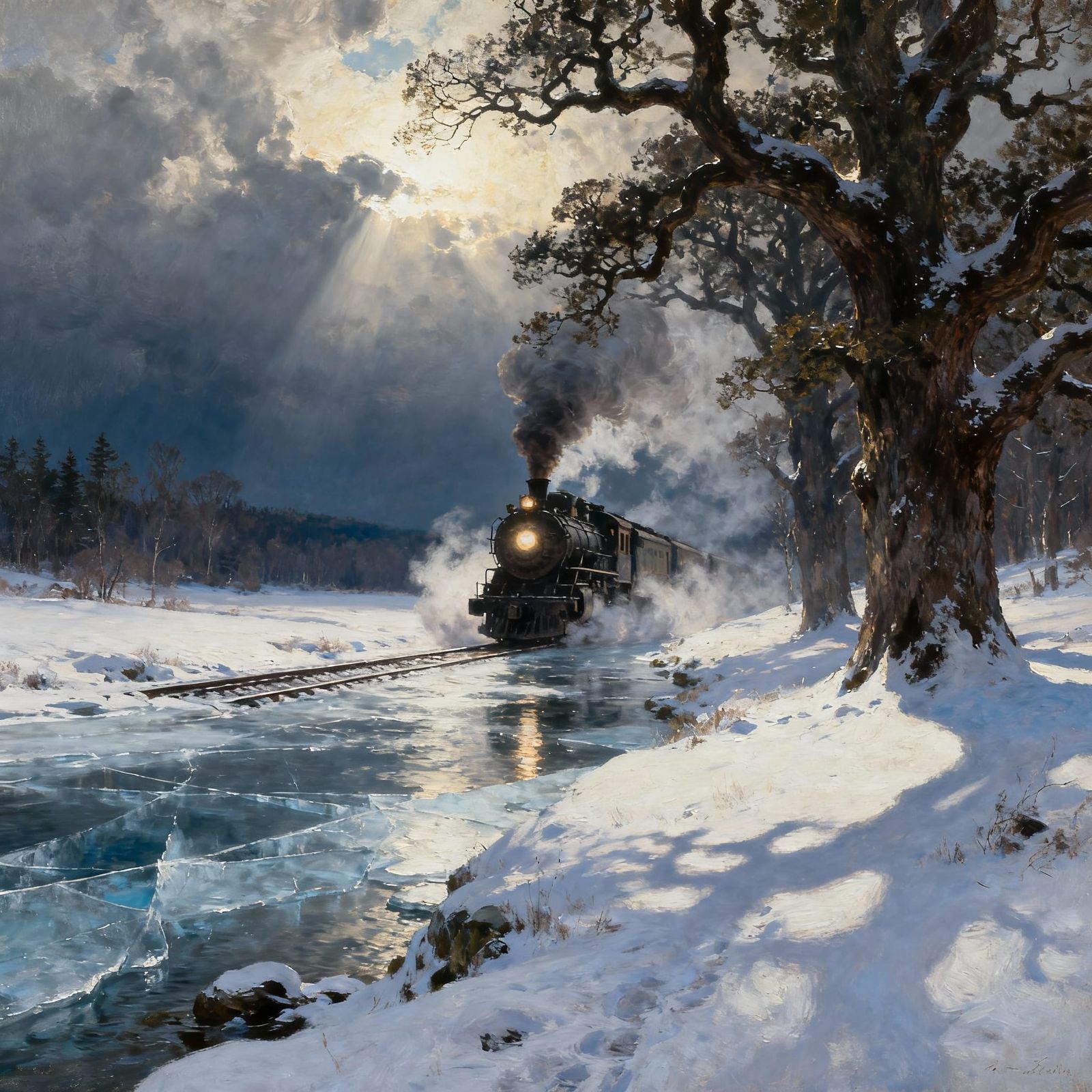 A steam train in a winterly plain with oak trees and a froze...
