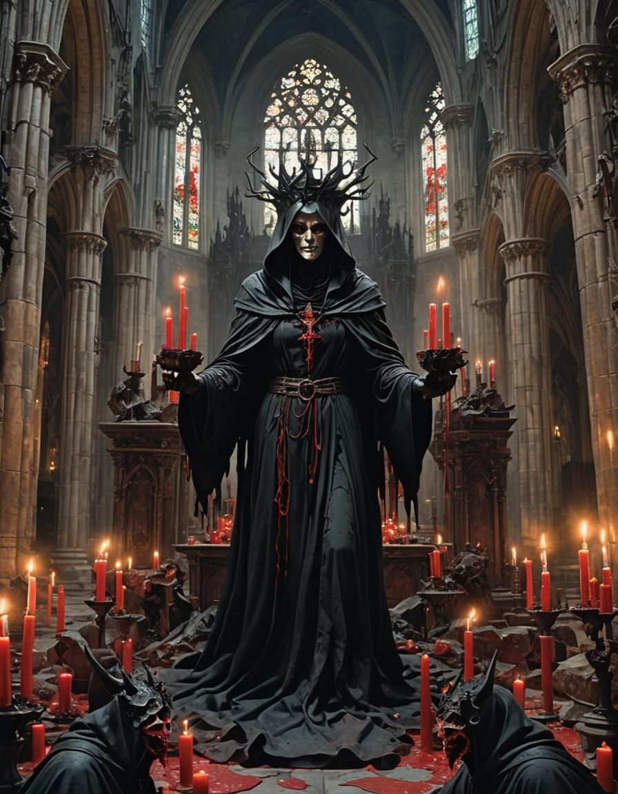 Eerie Veiled Witch Portrait in Gothic Cathedral