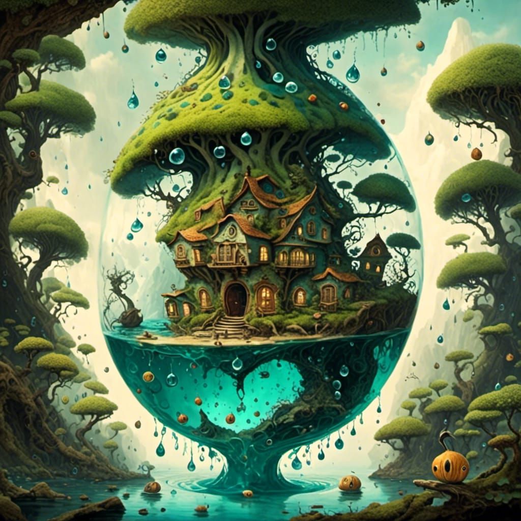 <lora:CreepyWaterCritters:1.0> The Lost Tea House in hollow earth in a water drop