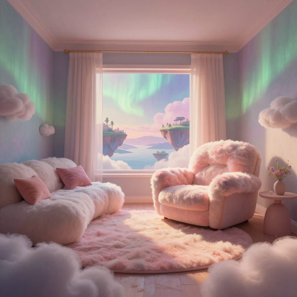 Surreal Living Room with Cloud Furniture and Aurora Walls