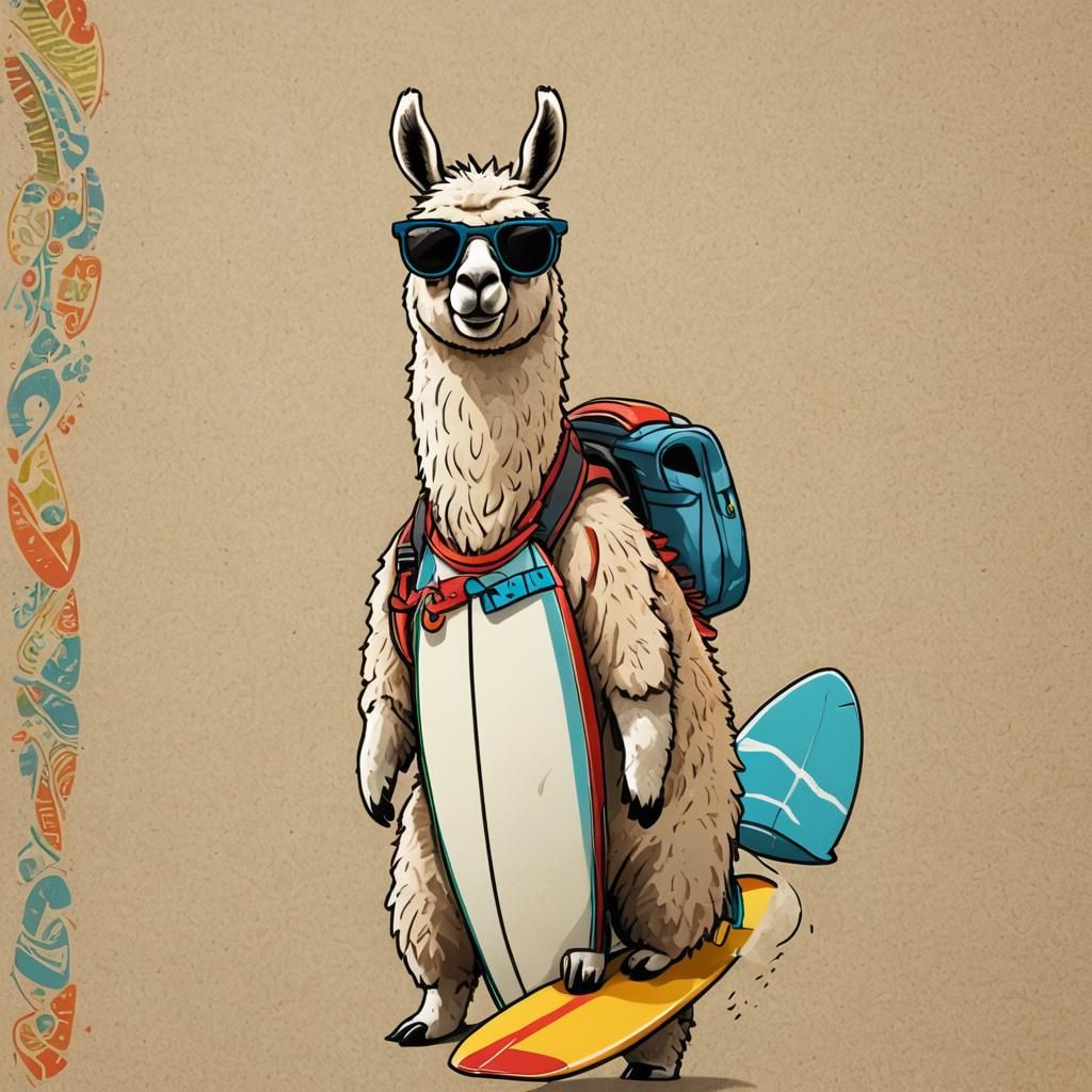 Cartoon Llama with Surfboard and Sunglasses