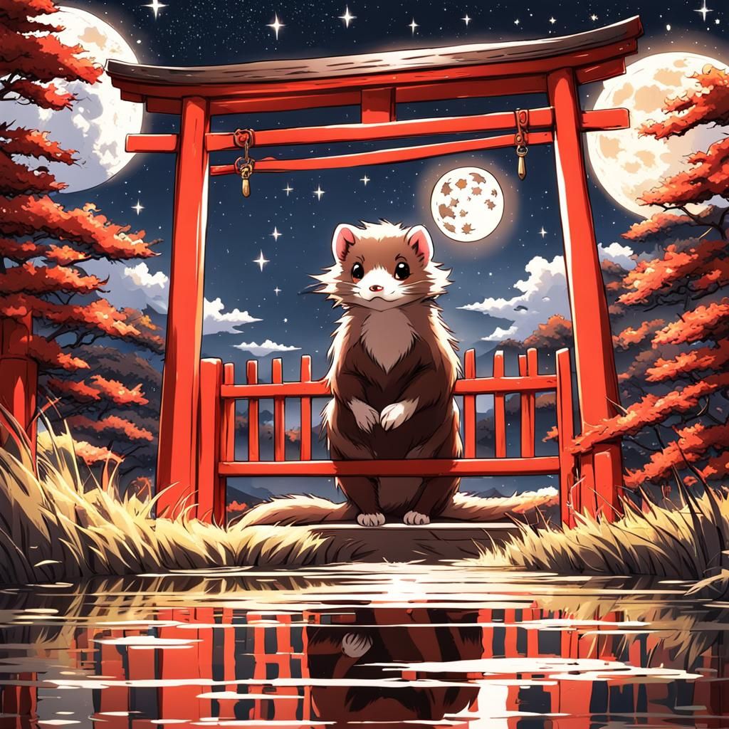 Ferret Behind Tori Gate Under Moon, in Anime Style