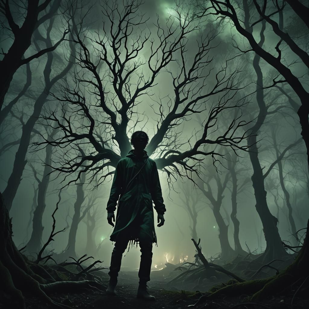 Eerie Surrealism: Lone Figure in Dark Forest