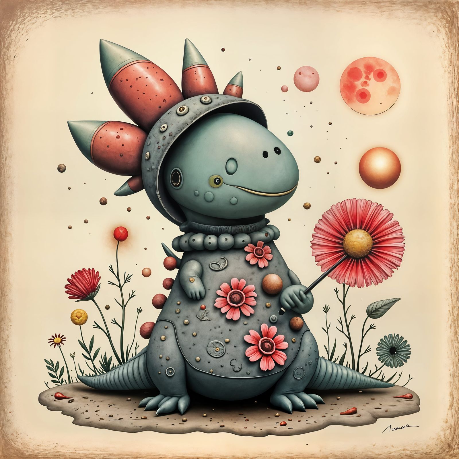 Cute Baby Dinosaur Holding Flower as Impasto Painting