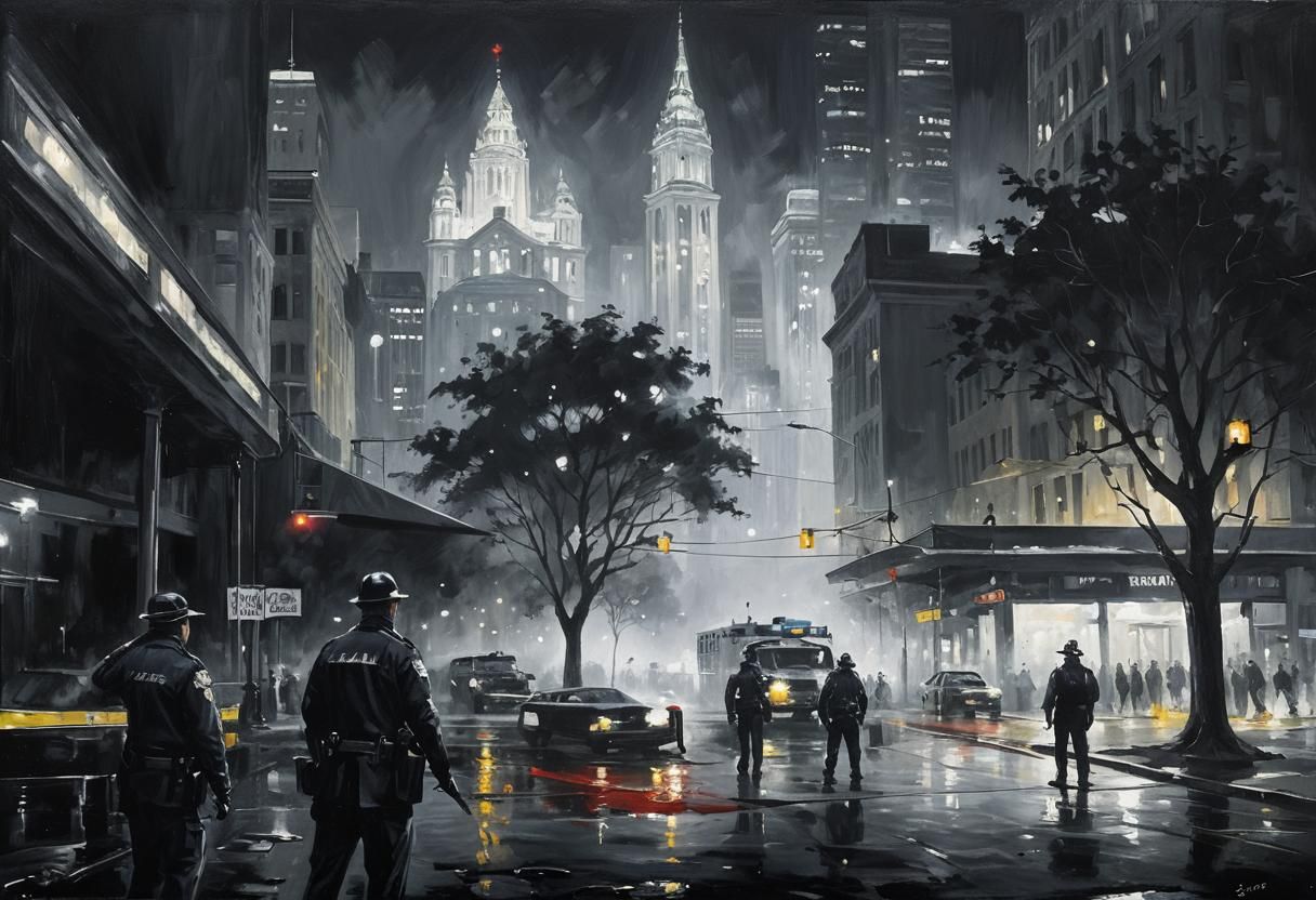 Noir Crime Scene at Night: Police Painting
