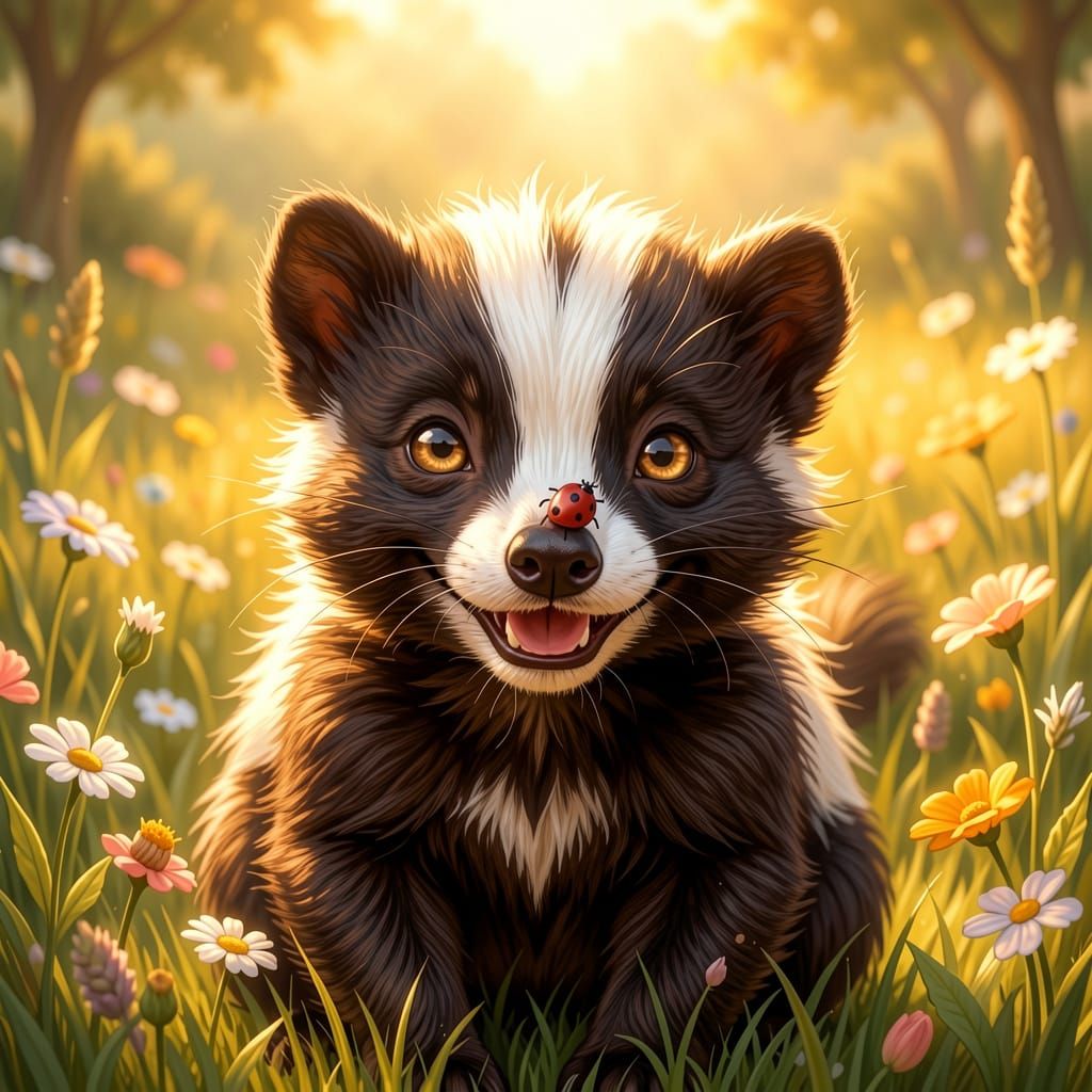 Adorable Skunk and Ladybug in Sunny Meadow