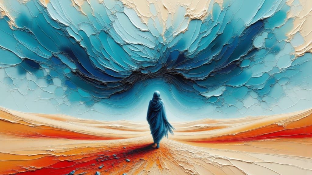 A voyageur in a surreal environment