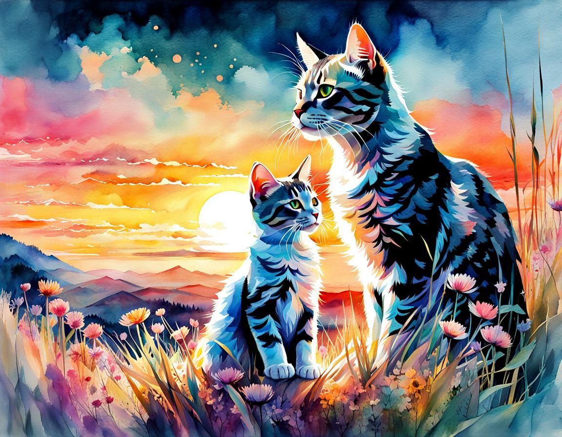 Cats in Summerscape Sunset: Digital Watercolor Illustration