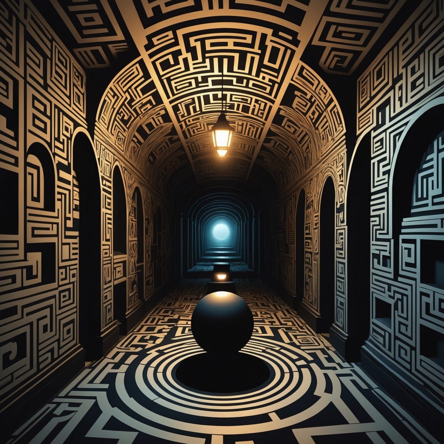 Ominous Underground Tunnel in Geometric Abstraction Style