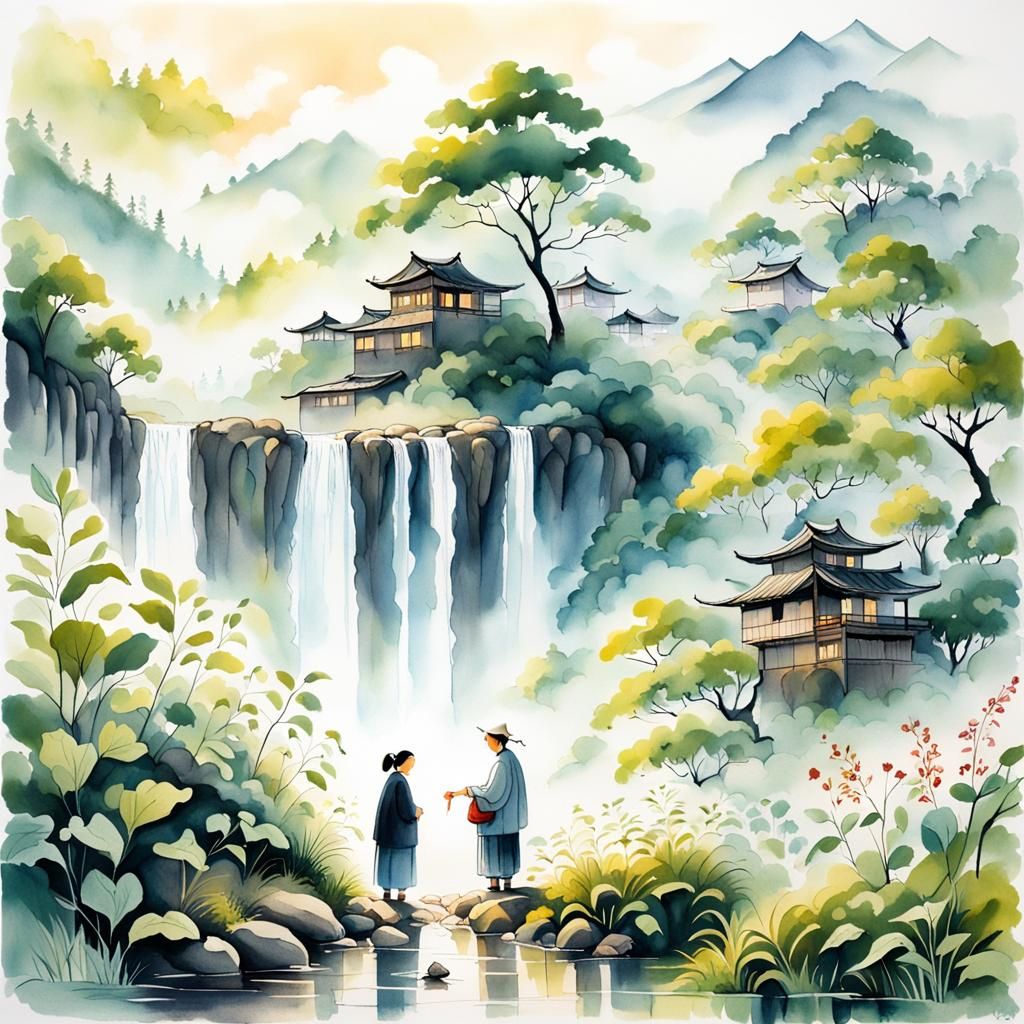 Romantic Asian Ink Painting of Misty Tea Village