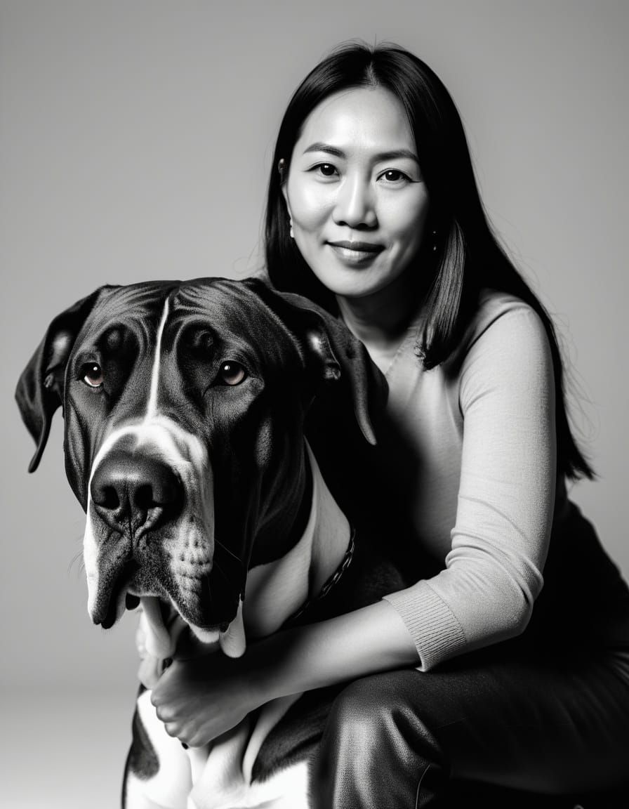 Monochrome Portrait of Woman with Great Dane