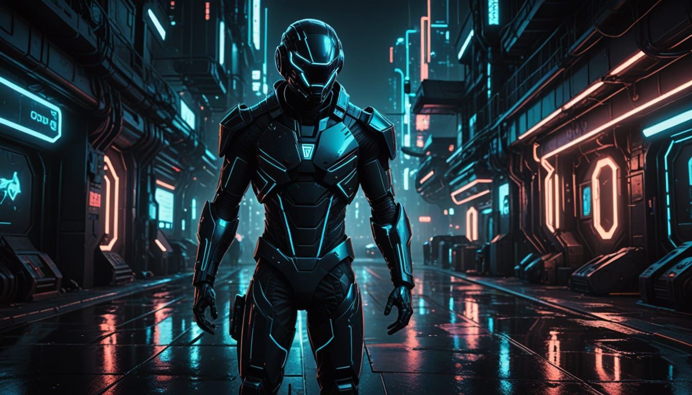 Stealth Assassin in Tron Cybernetic Suit, Dark Urban Rooftop