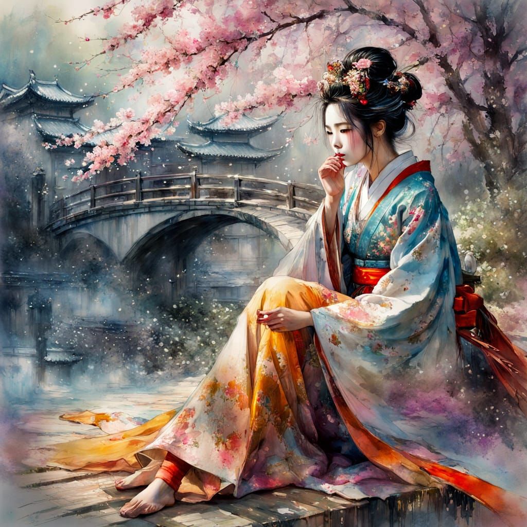 Japanese Geisha Amidst Cherry Blossoms in Soft Watercolor