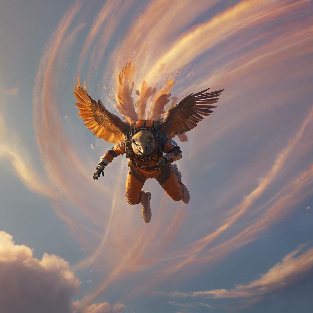 Skydiver and Griffin Soaring Through Colorful Mist