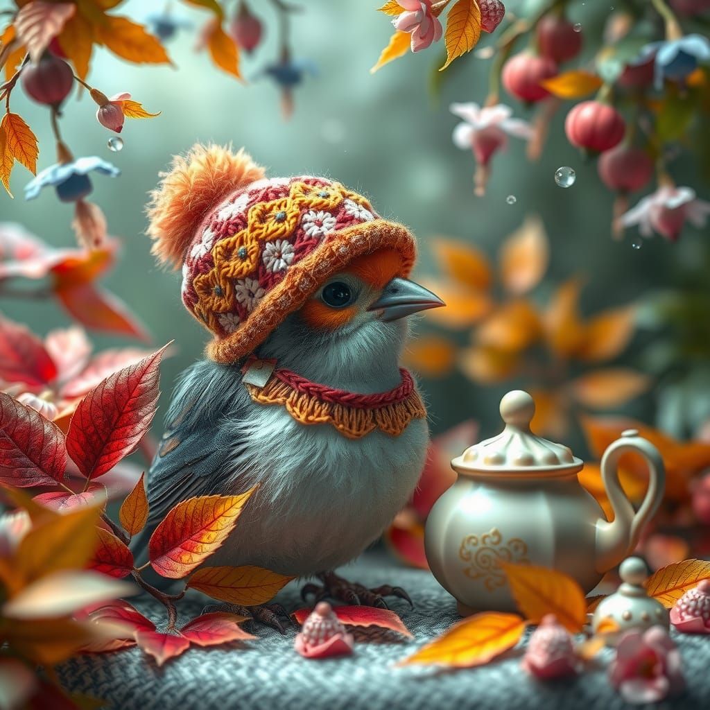 Bird in Knitted Hat Surrounded by Autumn Magic