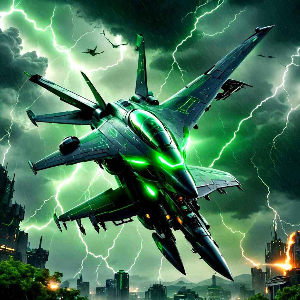 Futuristic Jet Amidst Emerald Lightning Storm