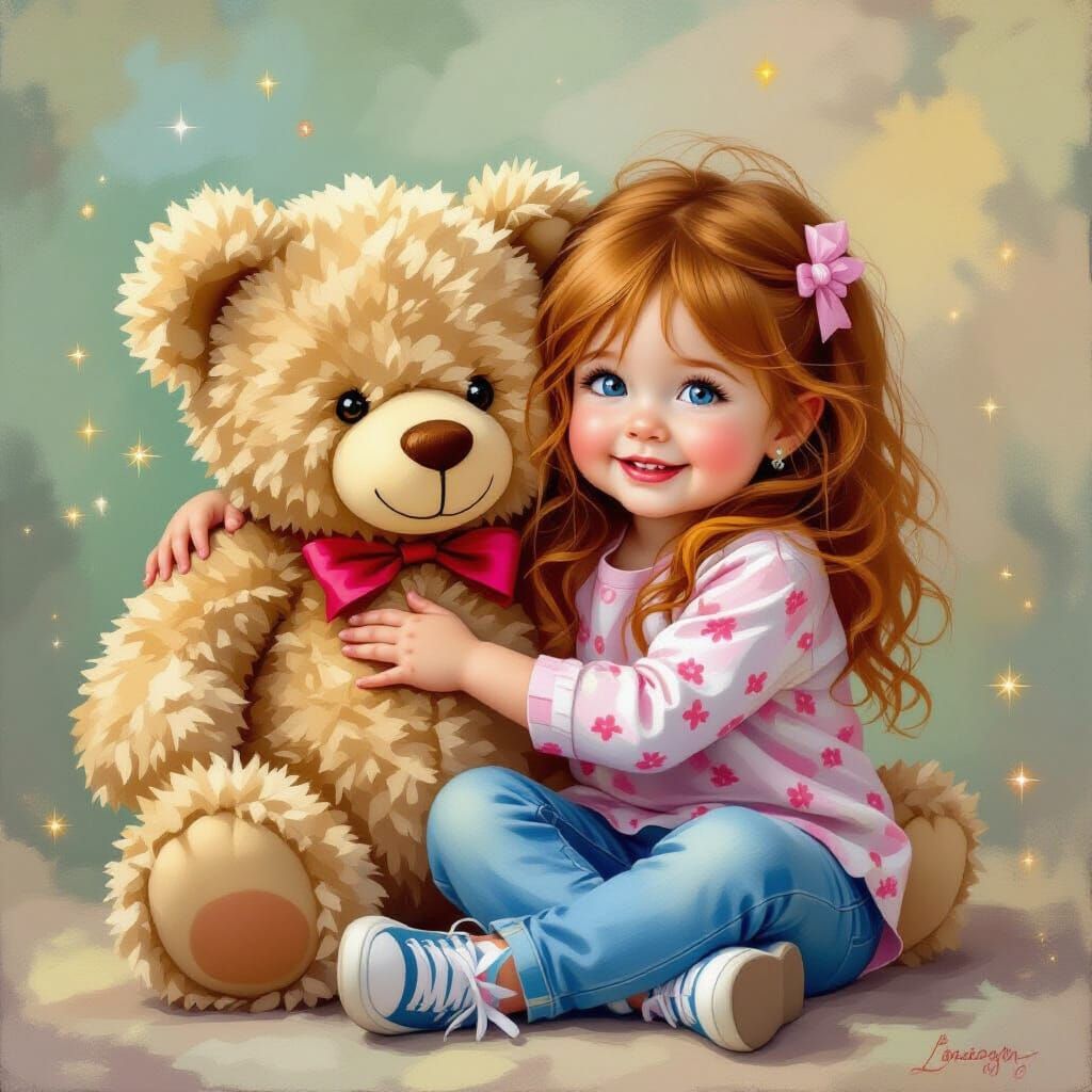 Whimsical Teddy Bear and Infant Girl in Oil Painting Style