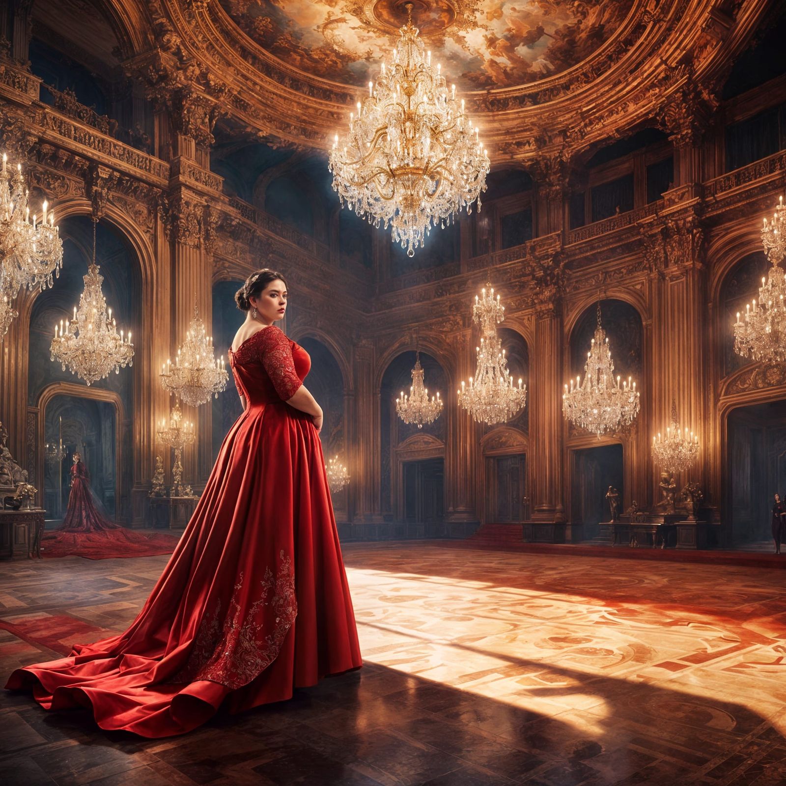 Elegant Fat Woman in Red Satin Ballgown, Crystal Chandeliers