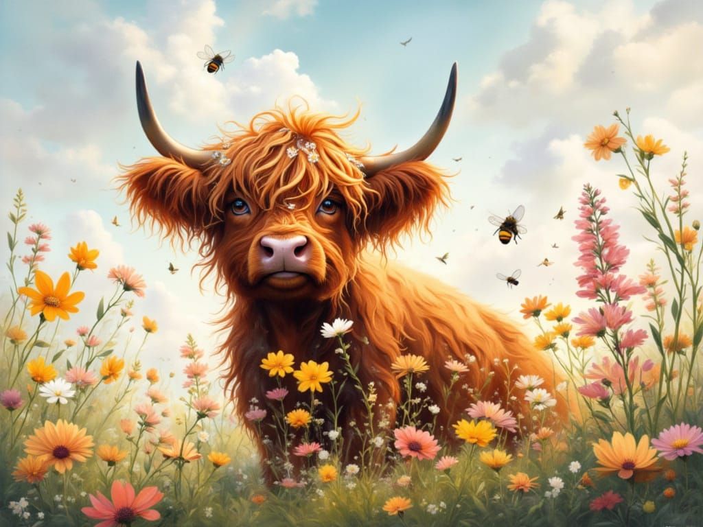 Adorable Highland Cow in Enchanted Wildflower Meadow