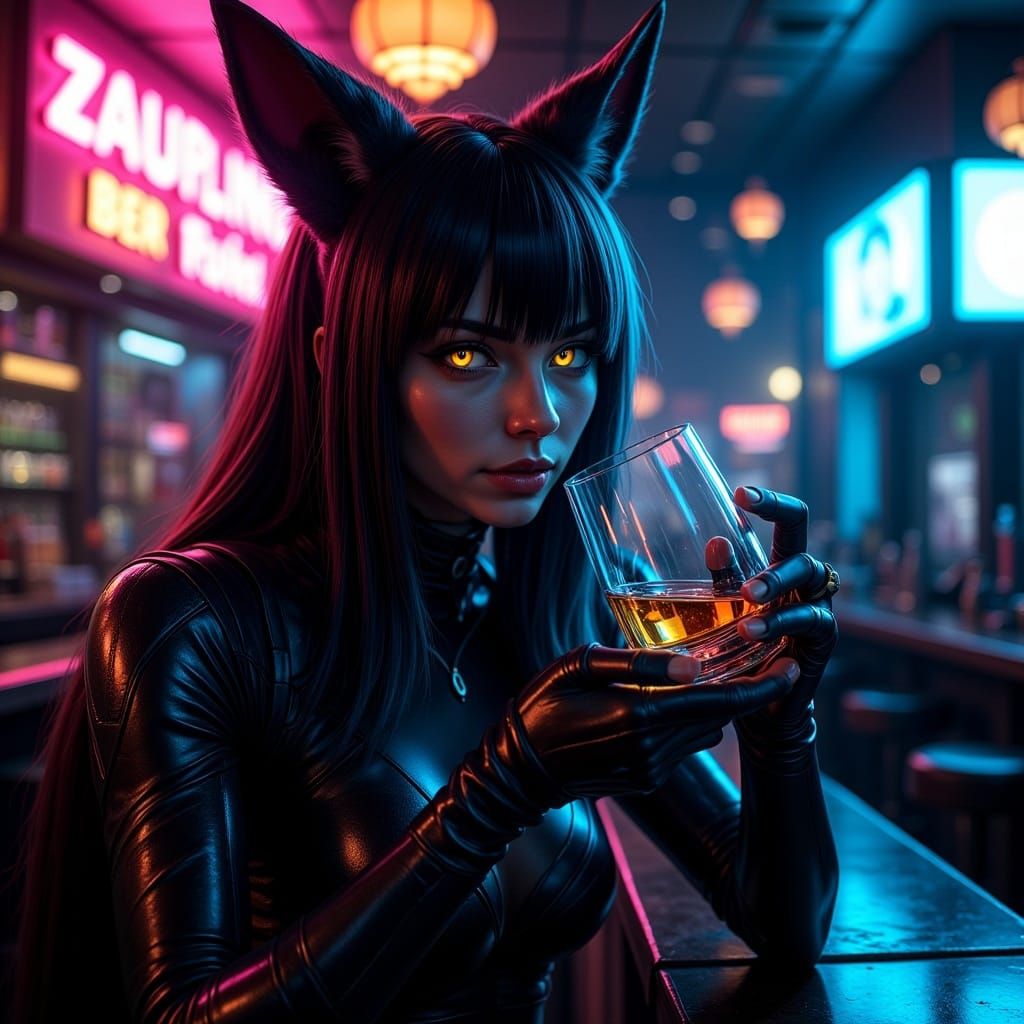 Cyberpunk Woman with Cybernetic Enhancements in Neon Bar