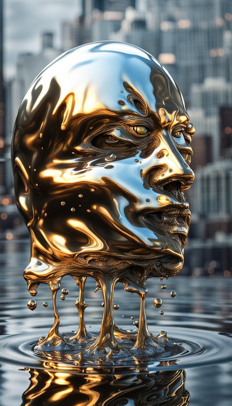 A liquid mercury 5D melting life-like Hyperrealistic statue,...