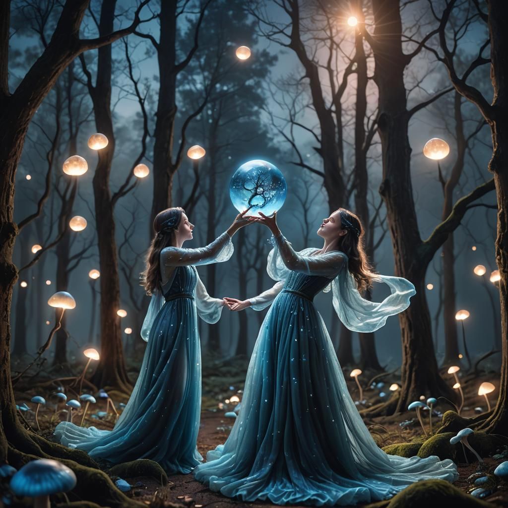Bioluminescent Woman Touching Glowing Orb in Whimsical Fores...