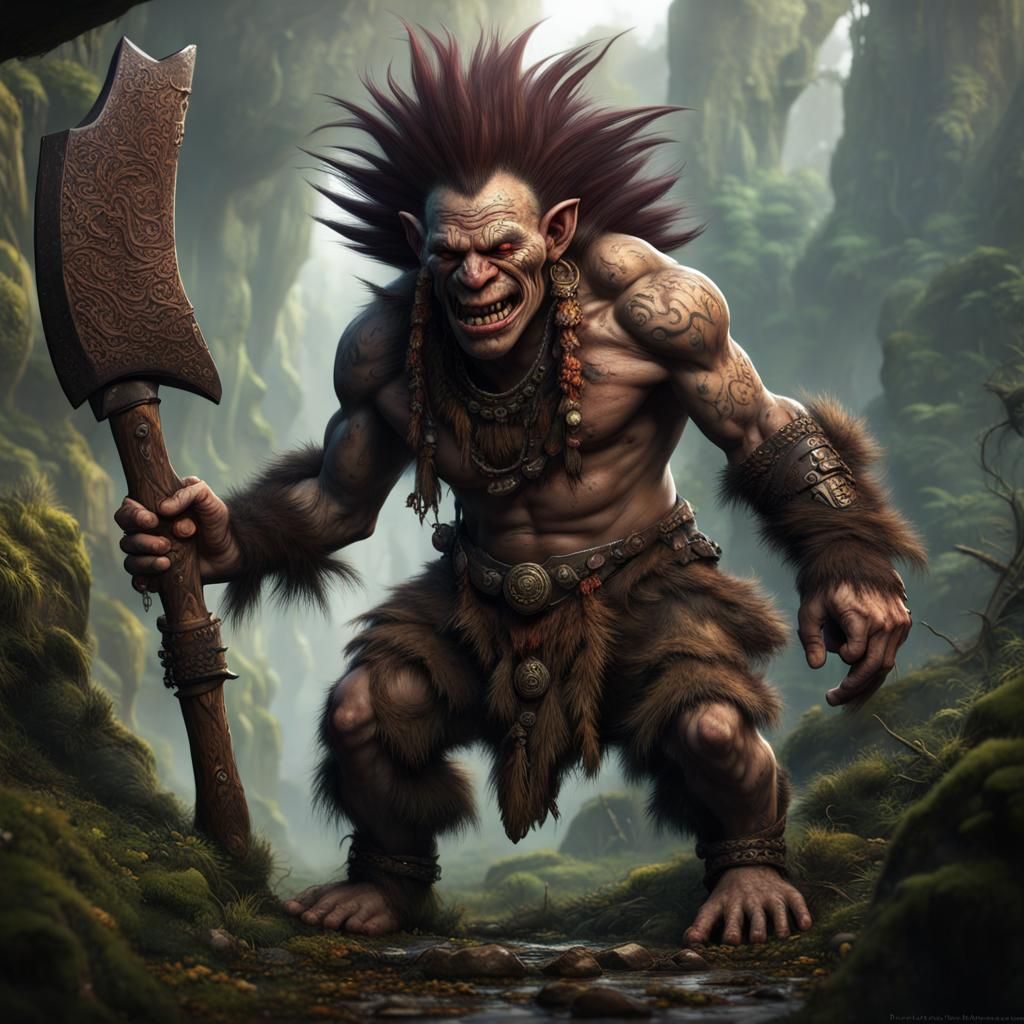 Scary Jungle Troll with Axe in Detailed Matte Painting