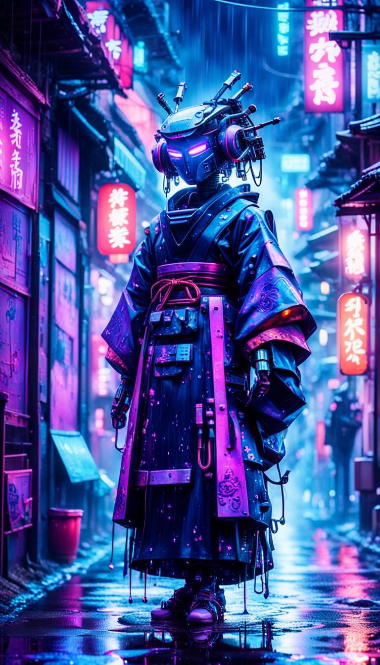 Neon Geisha Bot Serves Genmaicha in Rainy Cyberpunk Alleyway