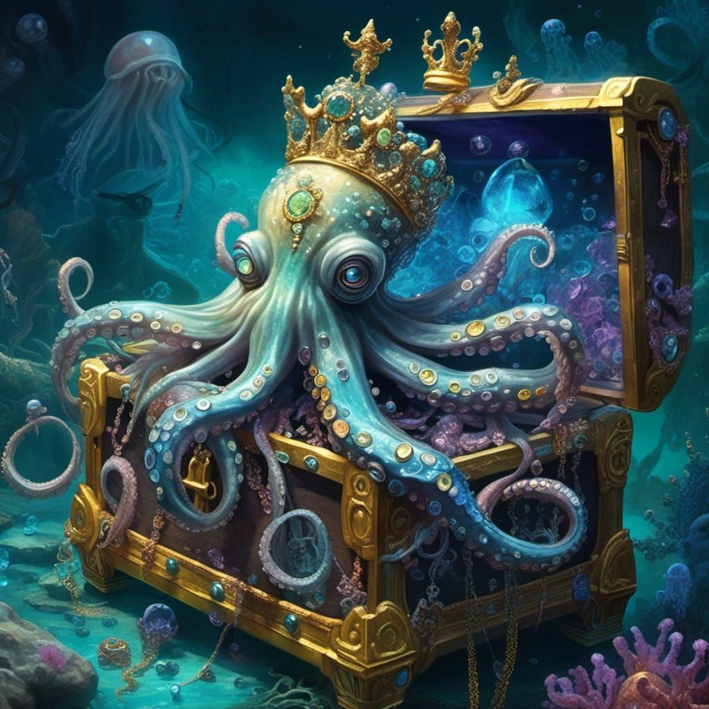 Iridescent Bioluminescent Octopus with Crown and Jewels