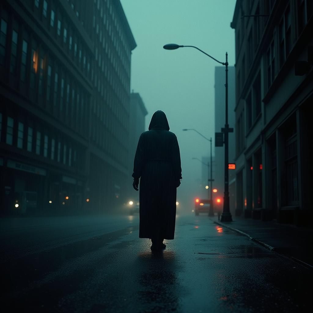 Rising Figure in Rain: Cinematic Transformation