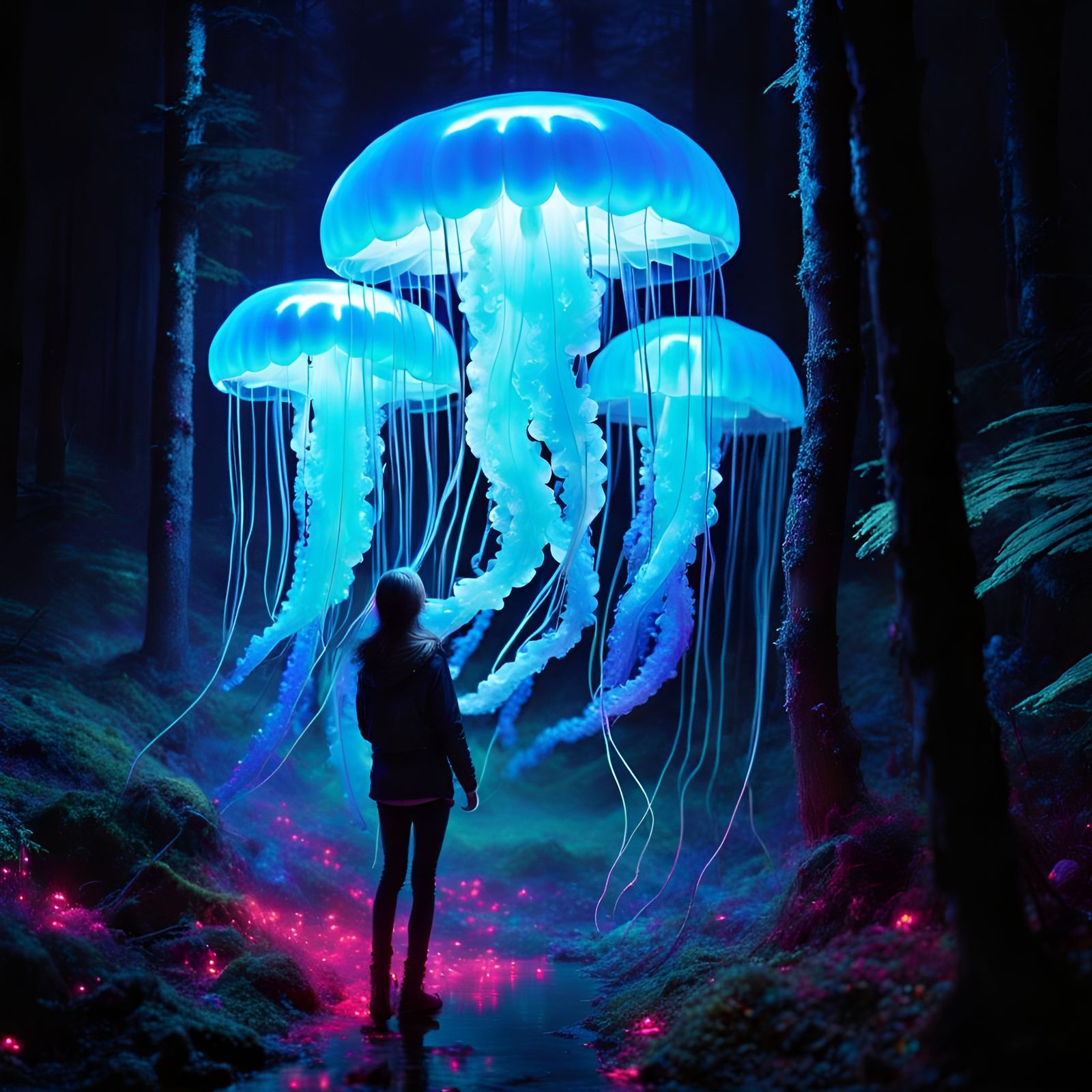 Girl with Neon Jellyfish in Enchanted Forest