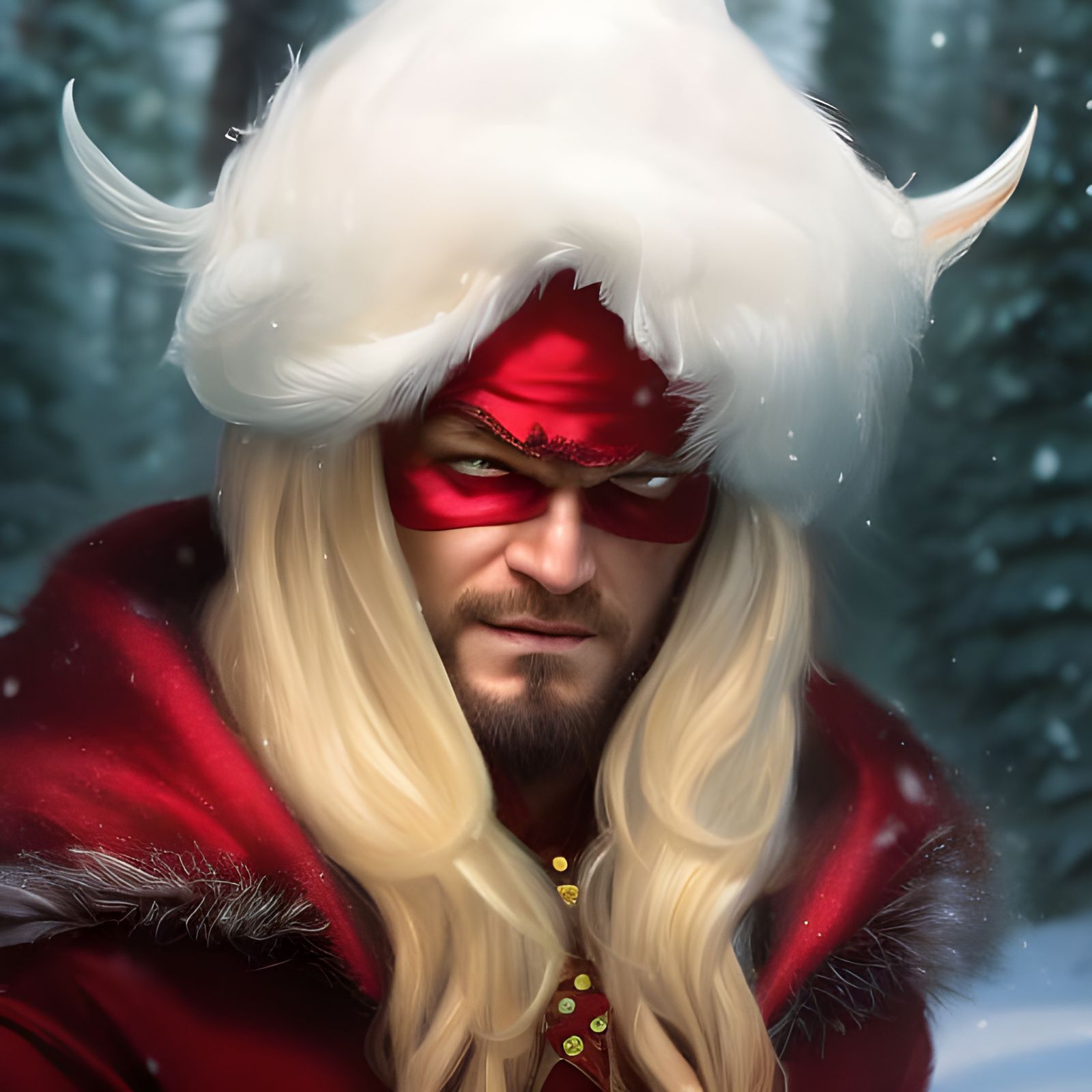 Grumpy Red Elf in Snow, Hyperdetailed Portrait