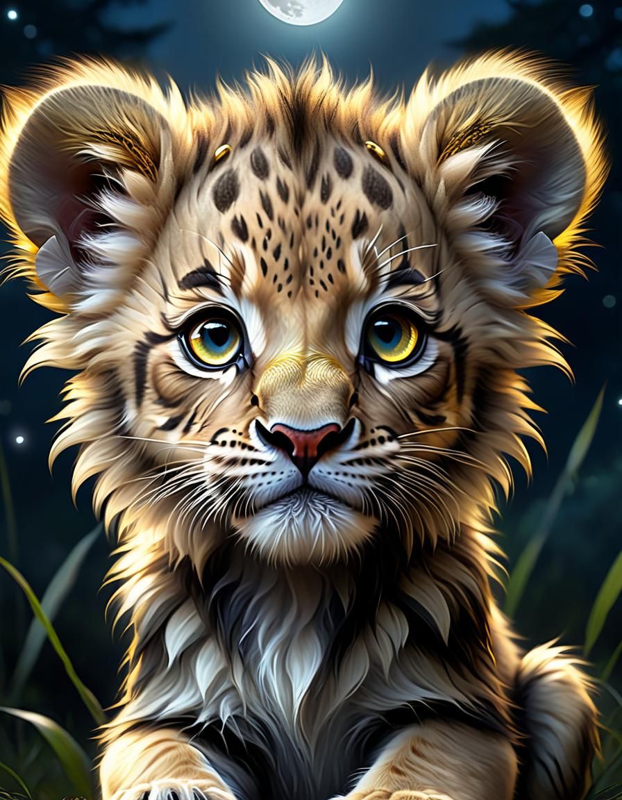 Adorable Chibi Lion Cub in Moonlight