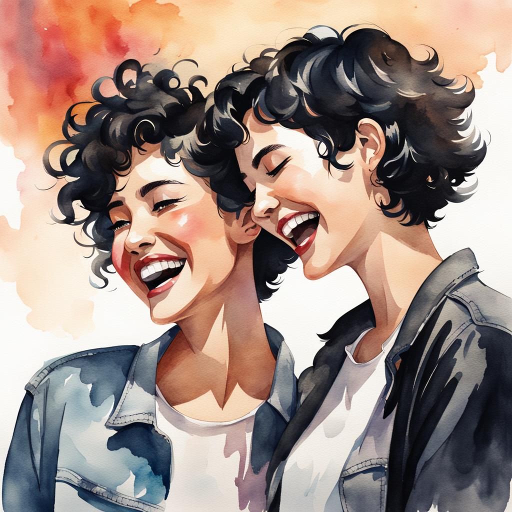 Girl with Curly Hair Laughing in Watercolor Style