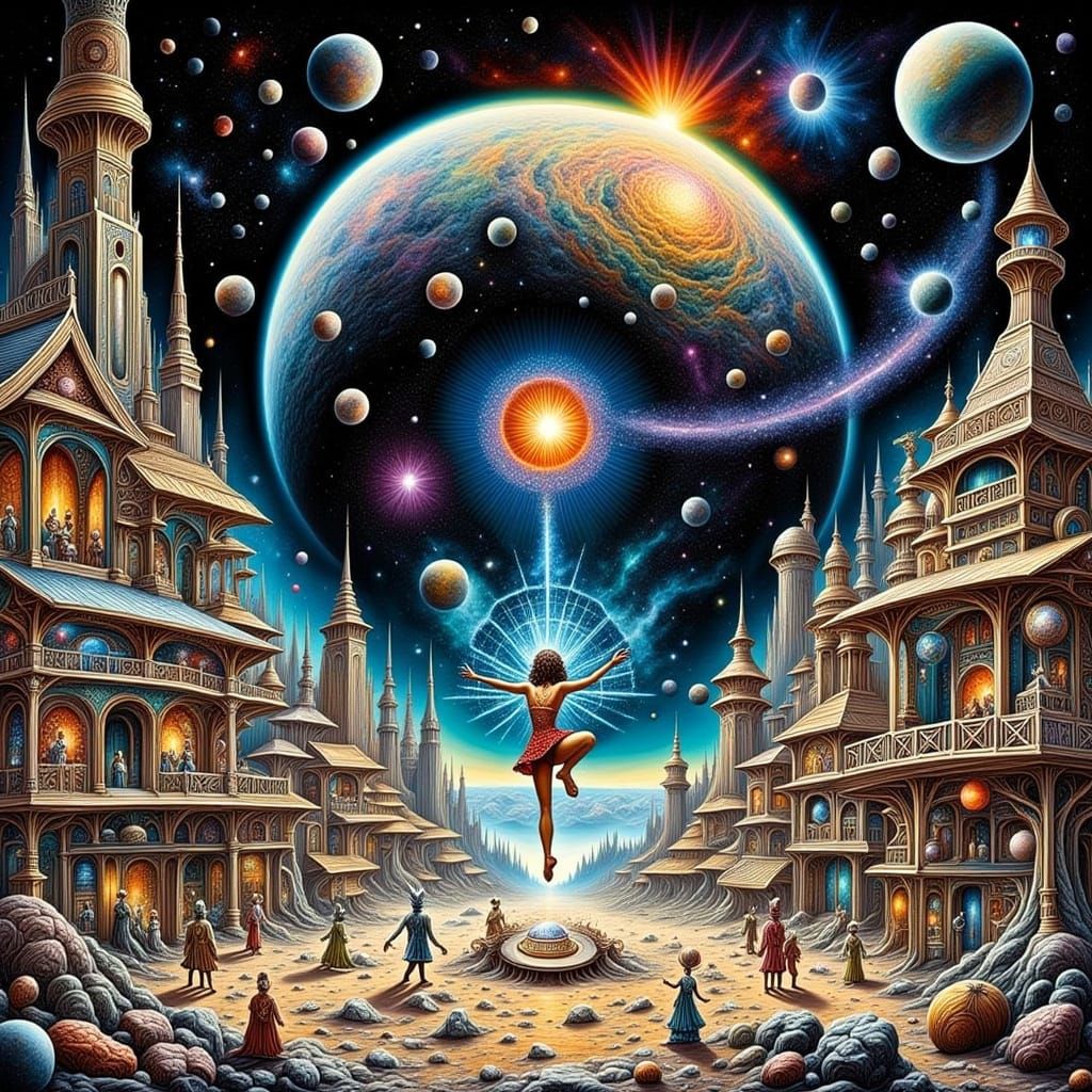 Alien Marketplace Dancer in Woodcut Style