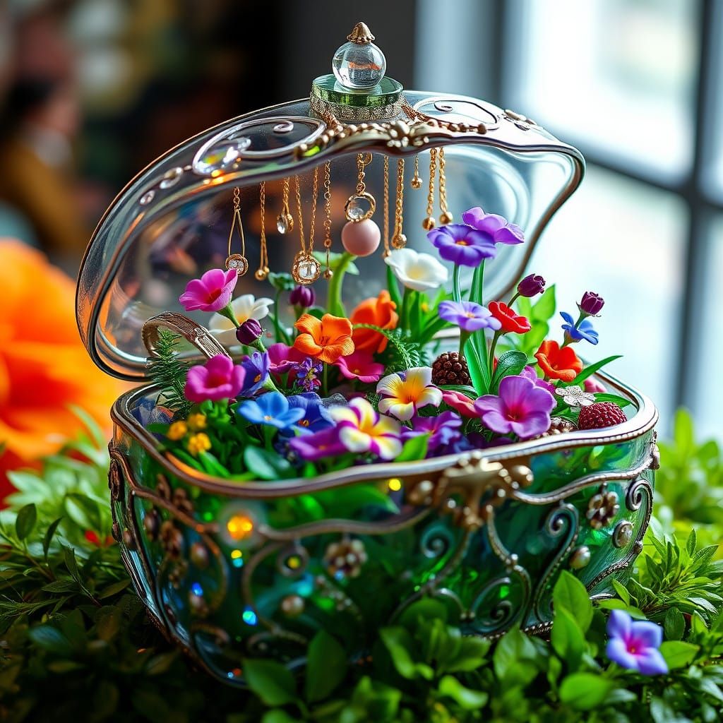 Whimsical Glass Jewelry Box Garden Blooms with Colorful Flow...