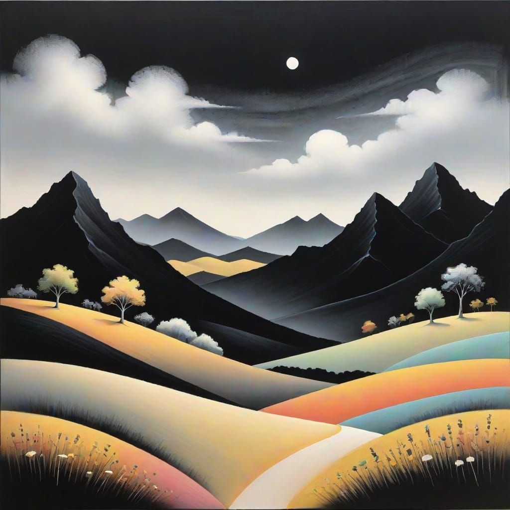 Minimalist Chalk Drawing of Surreal Landscape