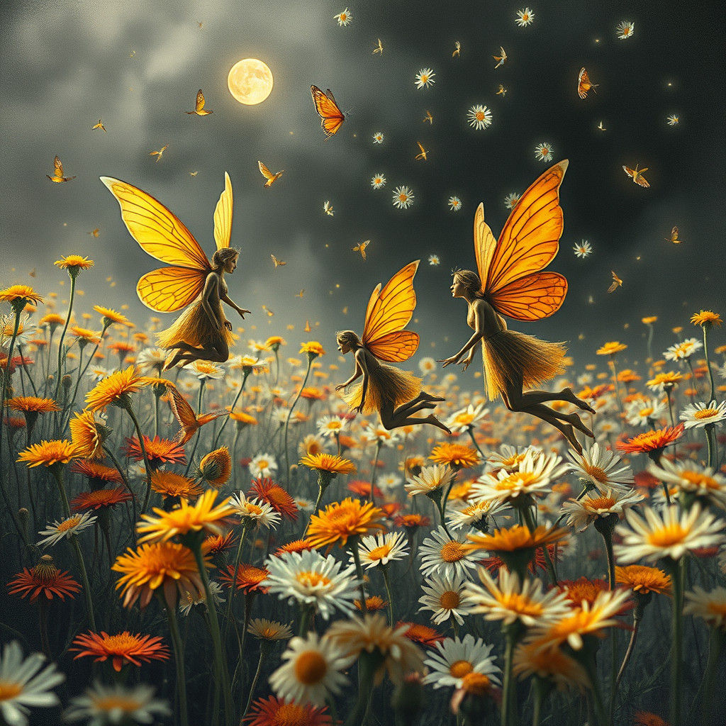 Winged Fairies in Dandelion Dreamscape, Surreal Digital Art