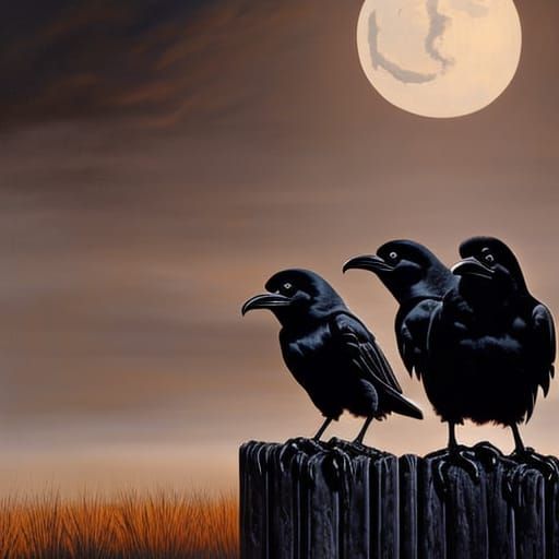 Scary Crows with Red Eyes in Surrealist Style