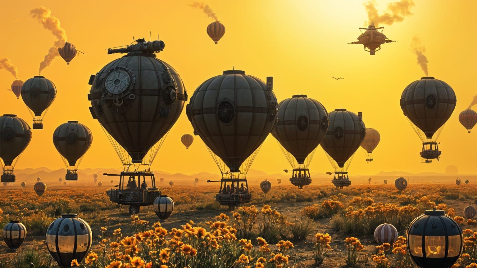 Steampunk Hot Air Balloons Soar in a Vibrant Yellow and Oran...