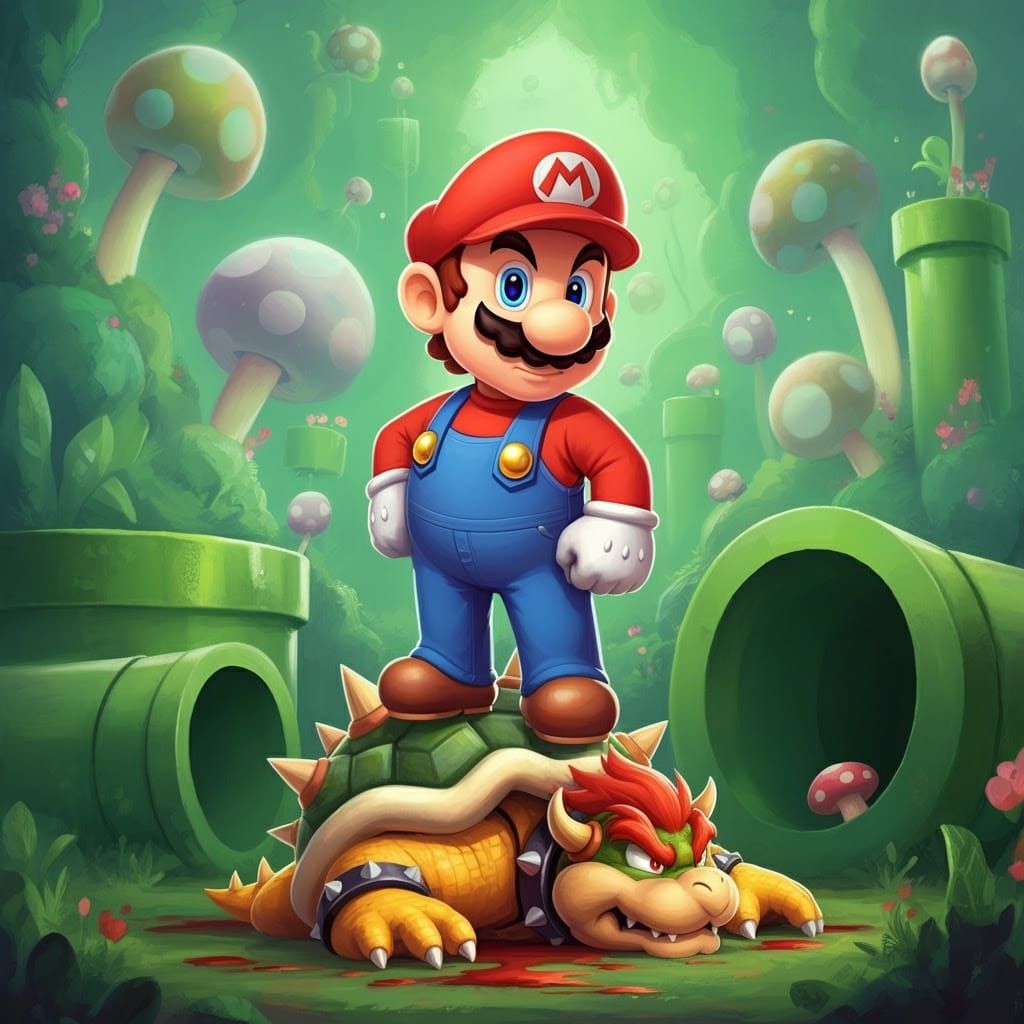 Heroic Plumber Triumphs in Vibrant Mushroom Kingdom