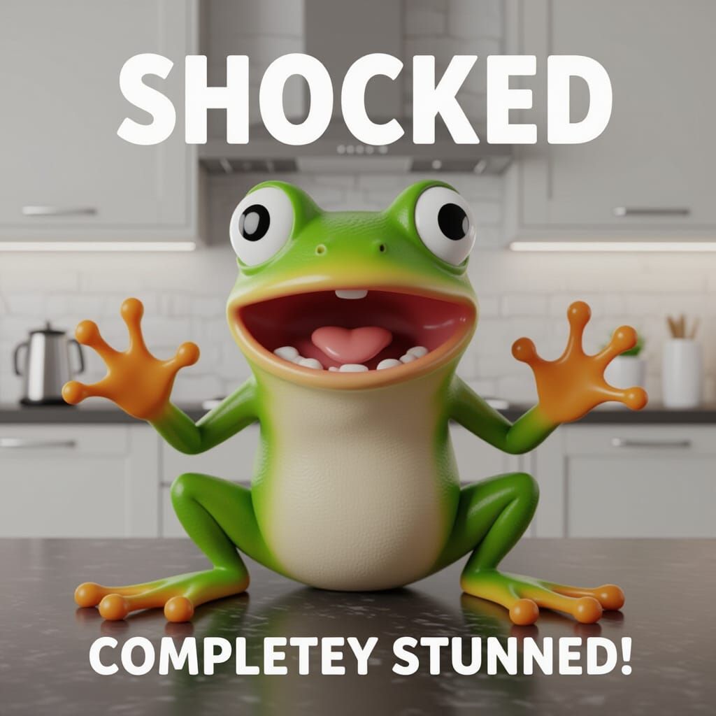 Frog Wakes Up Shocked in Modern Kitchen: 3D Render